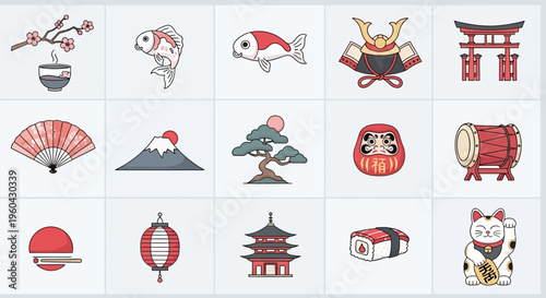 Japanese Culture Icons: Cherry Blossom, Koi Fish, Samurai Helmet, Torii Gate, Mt Fuji