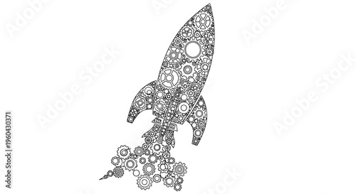 Rocket Ship Made of Gears and Cogs Launching with Smoke Effect - Black and White