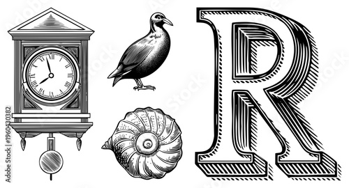 Antique pendulum clock, stylized bird, spiral, bold letter R, engraved vector art, illustration, decorative motifs, vintage typography.