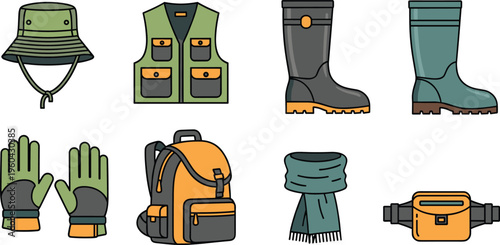 Outdoor Clothing and Travel Gear Vector Set Featuring Hat, Vest, Gloves, Boots, Backpack, Scarf and Waist Bag Adventure Equipment Icons