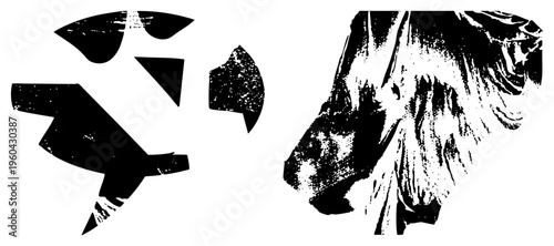 Stylized horse head profile with halftone texture, paired with fragmented geometric shapes, vector art, graphic design element.