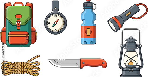Outdoor Survival and Camping Gear Vector Set Featuring Backpack, Compass, Water Bottle, Flashlight, Rope, Knife and Lantern Adventure Equipment Icons
