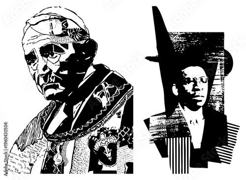 Black and white halftone portrait busts, graphic art style, vector illustration, abstract faces, textured shading, bold, artistic composition.