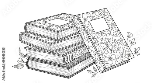 Stack of Vintage Books with Floral Covers and Delicate Leaves
