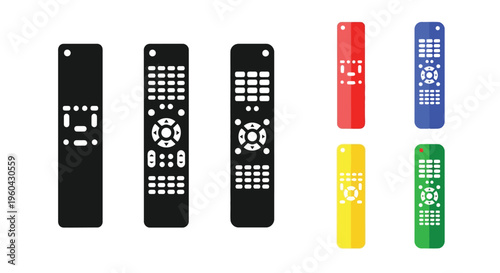 Assorted television remote controls in various colors and styles presented graphically