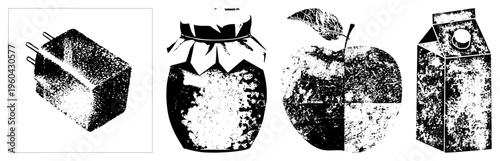 Gridded halftone on power adapter, jam jar,, and milk carton, stylized vector art, textures, isolated foreground objects.