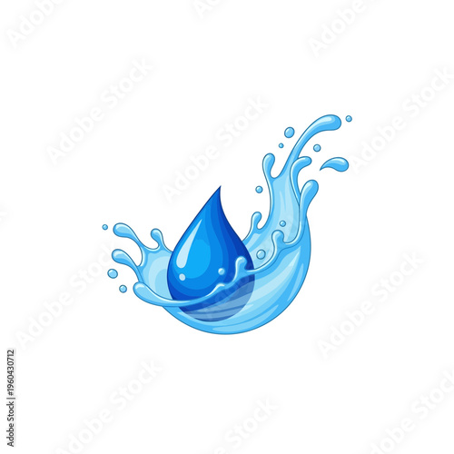 A vibrant blue water droplet splashing with dynamic motion, creating a cascade of liquid waves against a clean white background, symbolizing purity and refreshment
