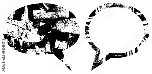 Two stylized speech bubbles with gritty, weathered textures, one filled with chaotic noise, the other empty, ideal for comic or UI design. Dialogue shapes, chat symbols, communication.