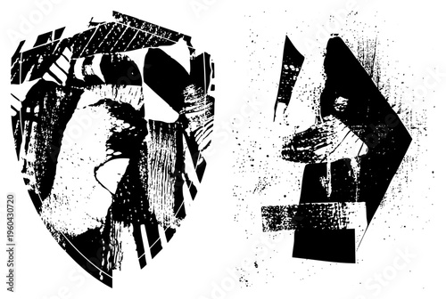 Stylized black and white graphic art featuring fragmented geometric forms, halftone dot, and high contrast textures. Abstract design with angular and distressed visual effects.