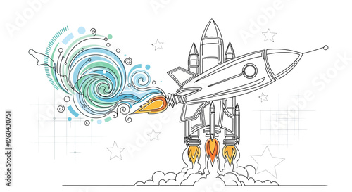 Rocket Launching into Abstract Swirls: Concept of Innovation, Technology, and New Beginnings