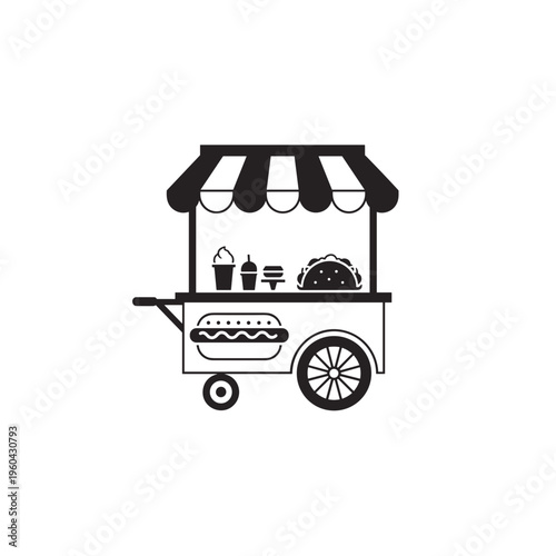Food cart with burger and drinks.