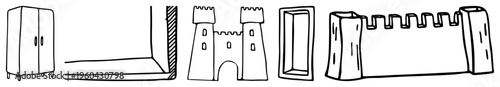 Minimalist black sketches of cabinet, corner wall, gate, doorway, and crenellated wall, hand drawn style, architectural elements, furniture design.