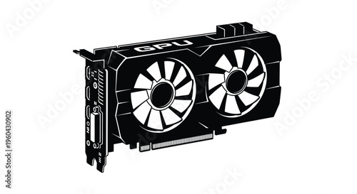 A black and white illustration of a modern computer graphics processing unit