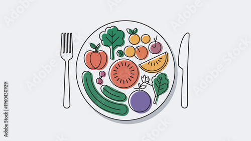 A colorful illustration of a plate filled with various fruits and vegetables, accompanied by a fork and knife.