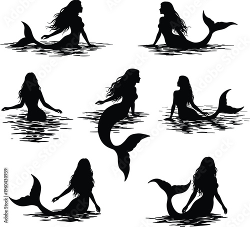 Fantasy mermaid silhouette set, mythical sea creature collection, ocean folklore character with flowing hair and tail, cad drawing flat vector illustration