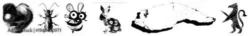 Black and white vector illustration featuring abstract blob, cockroach, whimsical cartoon bee, geometric rabbit, stone like shape, and ornamental griffin. Flat design, isolated elements.