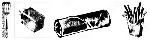 Halftone style graphic of spatula, electrical outlet, spring roll, and fries, vector art, food and kitchen tools, isolated elements with dot texture.