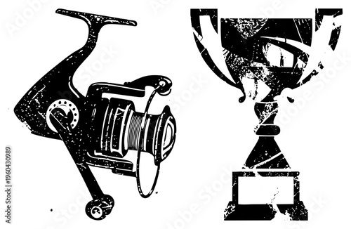 Fishing reel and championship trophy graphic, angler gear and victory symbol, sport fishing equipment, competitive angling award, black and white vector art.