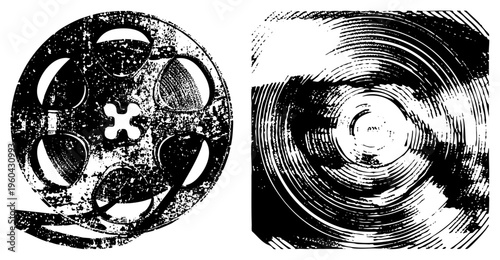 Retro film reel with cutouts and textured surface, paired with spiral groove disc, halftone vector art, isolated graphic elements, cinematic.