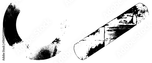 Stylized black and white textured shapes, distressed circular fragment and elongated rectangular form, halftone gritty aesthetic, graphic design elements, vector art.
