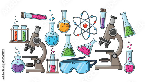 Science Tools Illustration: A collection of laboratory equipment, including beakers, test tubes, microscopes, and goggles, presents the essence of scientific exploration and discovery.