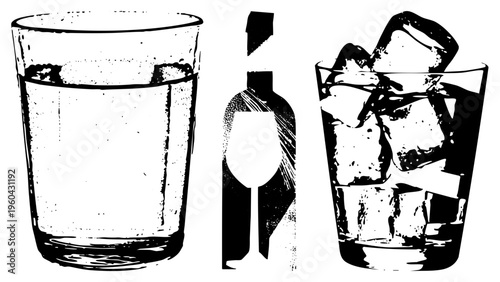 halftone graphic of three drink vessels water glass, wine bottle, and ice filled cocktail, rendered with stippling and bold for vintage aesthetic.