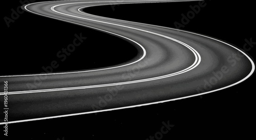 Winding Asphalt Road with Double White Lines on Black Background