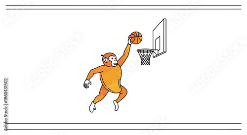Orange Monkey Dunking Basketball into Hoop - Cartoon Style