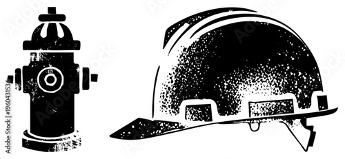 Safety equipment symbols featuring hard hat and fire hydrant, emergency responder gear, urban rescue tools, black and white vector, gritty texture style.