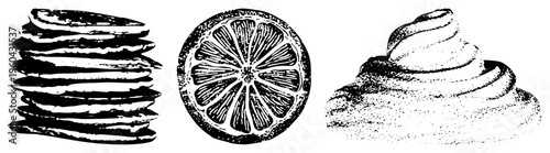 Breakfast stack with syrupy layers, citrus section, creamy swirl, rustic dessert, halftone illustration, food art, black and white vector.