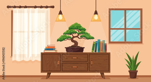 Cozy living room corner with bonsai tree, books, and plant on wooden cabinet