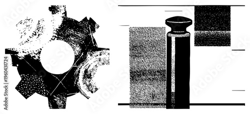 Mechanical gear with halftone shading, cylindrical object with gradient dots, vector graphic, industrial design, technical illustration, mechanical, gear mechanism.