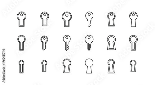 Collection of various black and white key and keyhole line icons