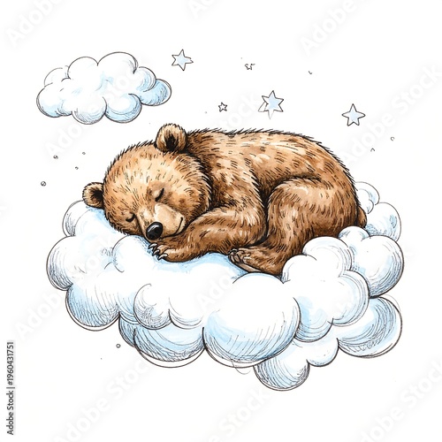 A sleeping brown bear on a cloud