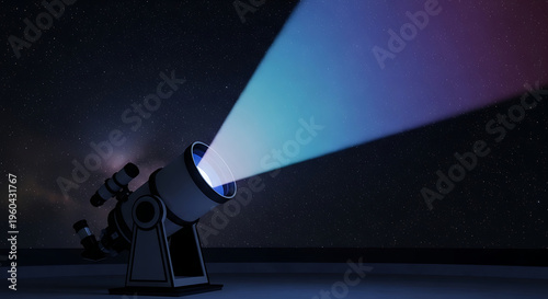 Modern telescope pointing to a starry night sky emitting a powerful blue and purple light beam. Astronomy concept showing space exploration and celestial observation from an observatory for scientific