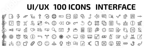 user interface outline icon set. 100 linear vector for ui, web and mobile. thin line shopping label, export archive, lightining and more icons.