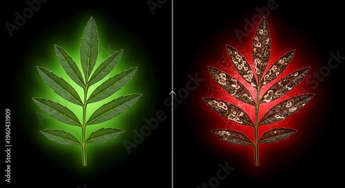 Symmetrical pinnate leaf healthy green branch compared to diseased brown foliage with white fungal spotting