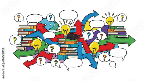 Ideas in the Stacks: Illustration of interlinked books, speech bubbles, question marks and lightbulbs, symbolizing the dynamic interplay of knowledge and idea generation.