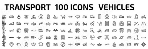 transport outline icon set. 100 linear vector for ui, web and mobile. thin line sailing boat with veils, midget car, military airplane and more icons.