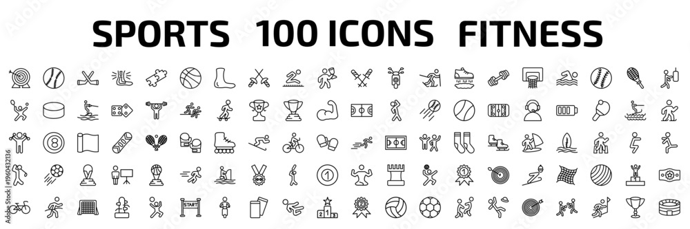 Fototapeta premium sports outline icon set. 100 linear vector for ui, web and mobile. thin line archery, baseball, hockey and more icons.