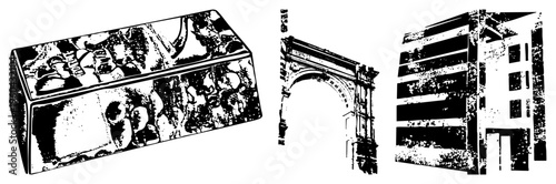 Three stylized black and white vector illustrations comic strip panel, ornate archway, modern building facade, halftone texture, graphic design elements.