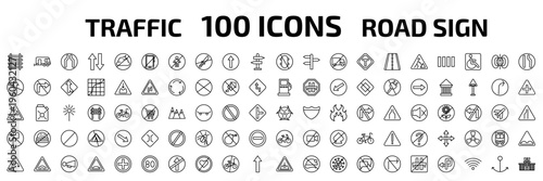 traffic signs outline icon set. 100 linear vector for ui, web and mobile. thin line railway, caravan, narrow road and more icons.