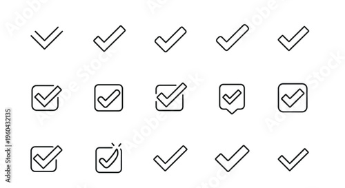 Collection of minimalist check mark icons in black and white outline