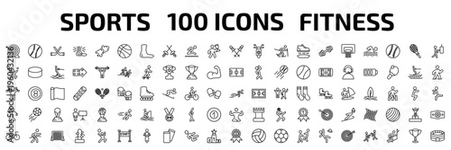 sports outline icon set. 100 linear vector for ui, web and mobile. thin line archery, baseball, hockey and more icons.