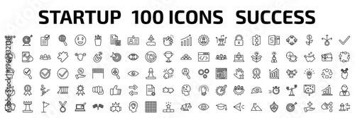 startup stategy and outline icon set. 100 linear vector for ui, web and mobile. thin line rate, purpose, approval and more icons.