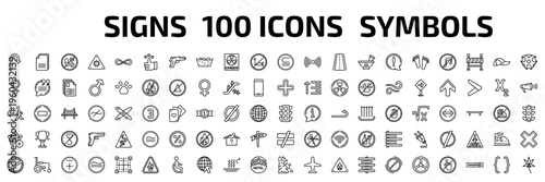 signs outline icon set. 100 linear vector for ui, web and mobile. thin line u turn, copying, no drugs and more icons.