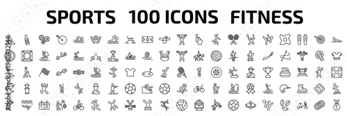 sports outline icon set. 100 linear vector for ui, web and mobile. thin line person riding on sleigh, drift car, balls and more icons.