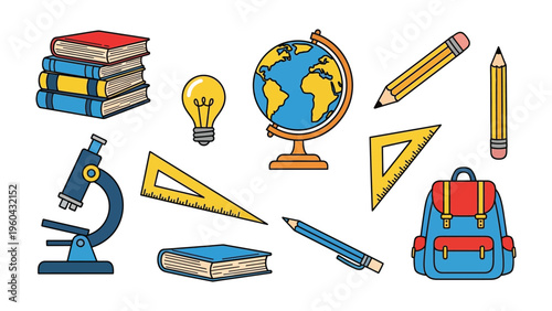 Learning Essentials: A collection of educational objects for the classroom: including books, globes, pencils, and backpacks. Perfectly capturing the spirit of exploration and knowledge.