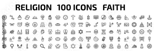 religion outline icon set. 100 linear vector for ui, web and mobile. thin line anglican, sadaqah, ner tamid and more icons.