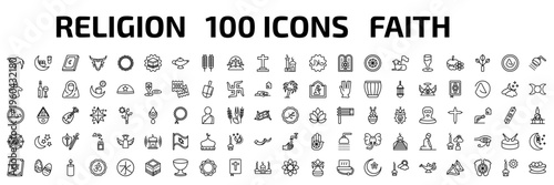 religion outline icon set. 100 linear vector for ui, web and mobile. thin line dromedary, fasting, holy quran and more icons.